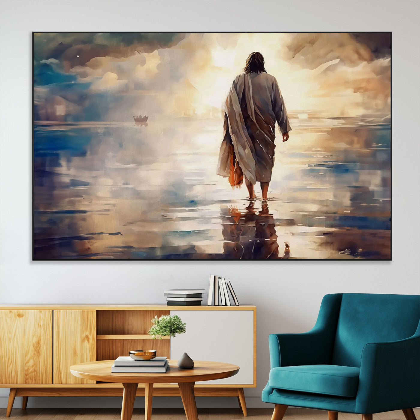 SEG-FC-51X34_Oversize - Jesus Walking on Water Wall Art | Ready to Hang Spiritual Triptych Canvas Print | Inspirational