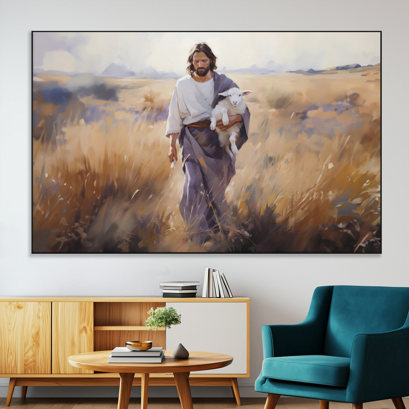 SEG-FC-51X34_Oversize - Jesus the Good Shepherd Wall Art Canvas Print - Lost Lamb Print for Prayer Room Decor
