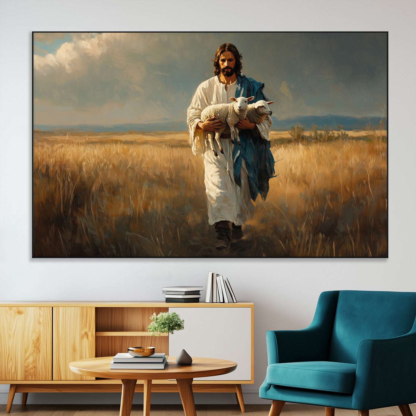 SEG-FC-51X34_Oversize - Jesus Shepherd Wall Art | Ready to Hang Triptych Canvas of Jesus Holding a Lamb in a Field |