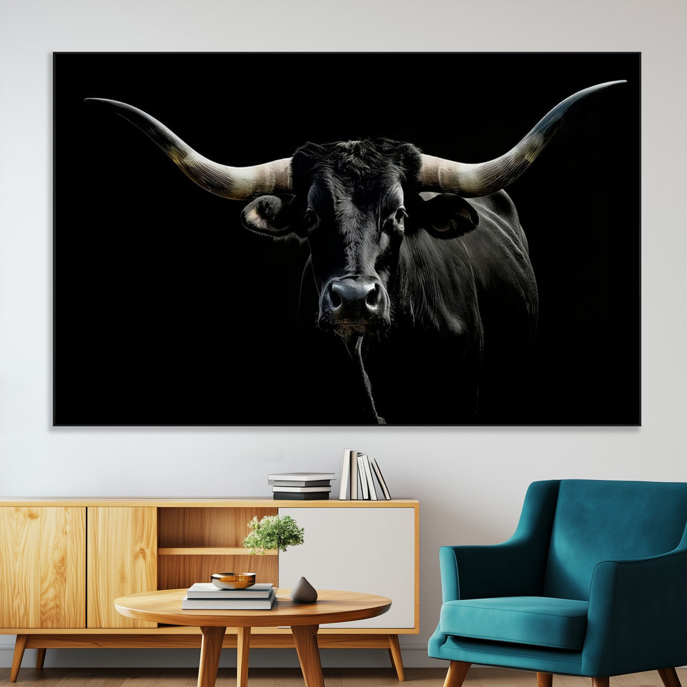 SEG-FC-51X34_Oversize - Texas Black Longhorn Bull Wall Art Canvas Print - Western Texas Cattle Rustic Decor Print - Longhorn