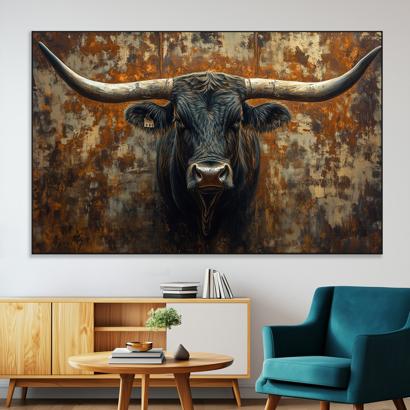 SEG-FC-51X34_Oversize - Longhorn Texas Cow Bull Wall Art | Rustic Farmhouse Canvas Print | Ready to Hang Barn Decor for