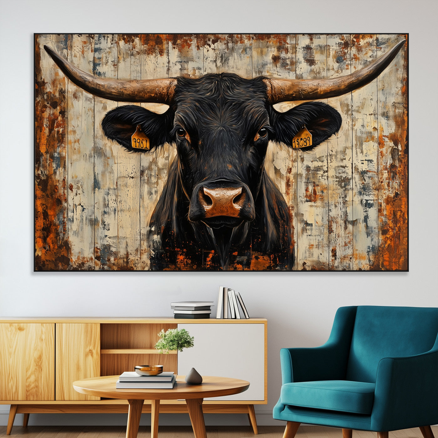 SEG-FC-51X34_Oversize - Rustic Texas Artwork Wall Art Canvas Print - Abstract Cow Longhorn Bull Wall Art Canvas Print