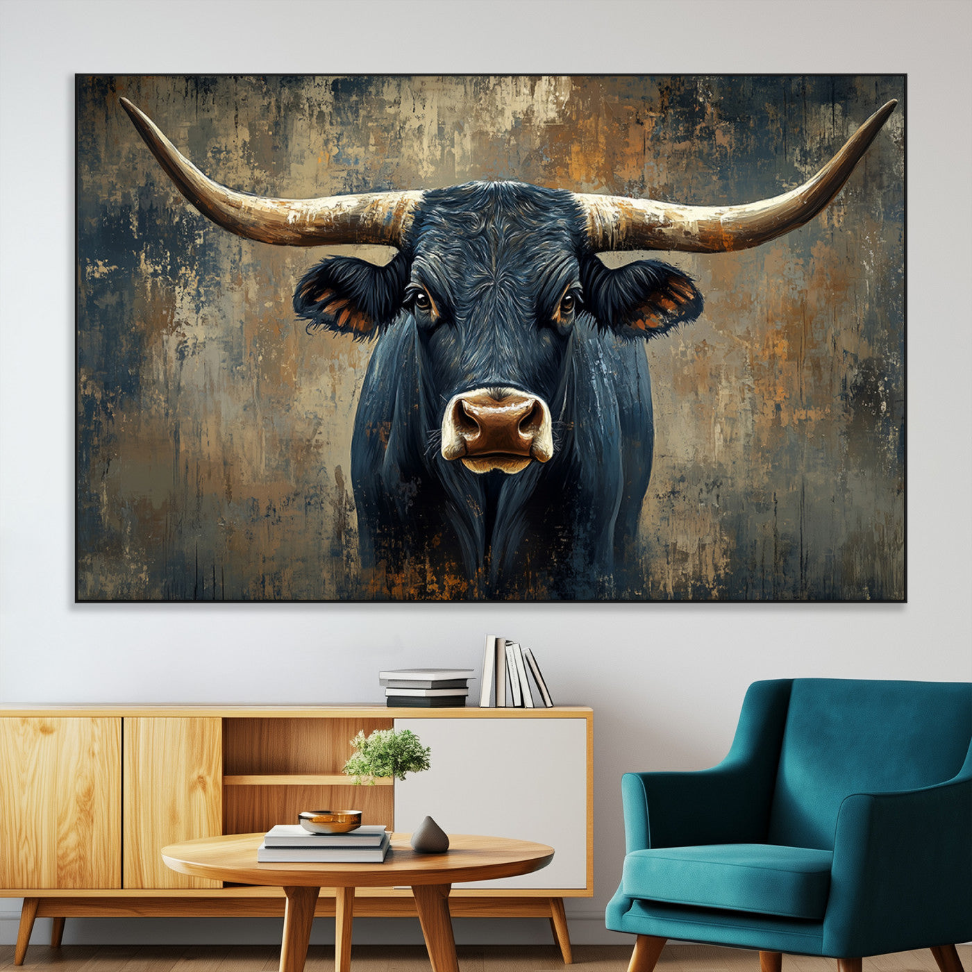 SEG-FC-51X34_Oversize - Texas Western Wall Art Canvas Print - Abstract Cow Longhorn Bull Wall Art Canvas Print - Rustic Cow