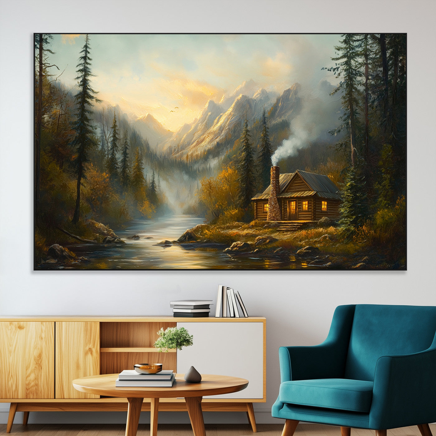 SEG-FC-51X34_Oversize - Wood Cabin Retreat Mountain at Sunset Wall Art Print - Serene Forest and River Landscape Wall Art