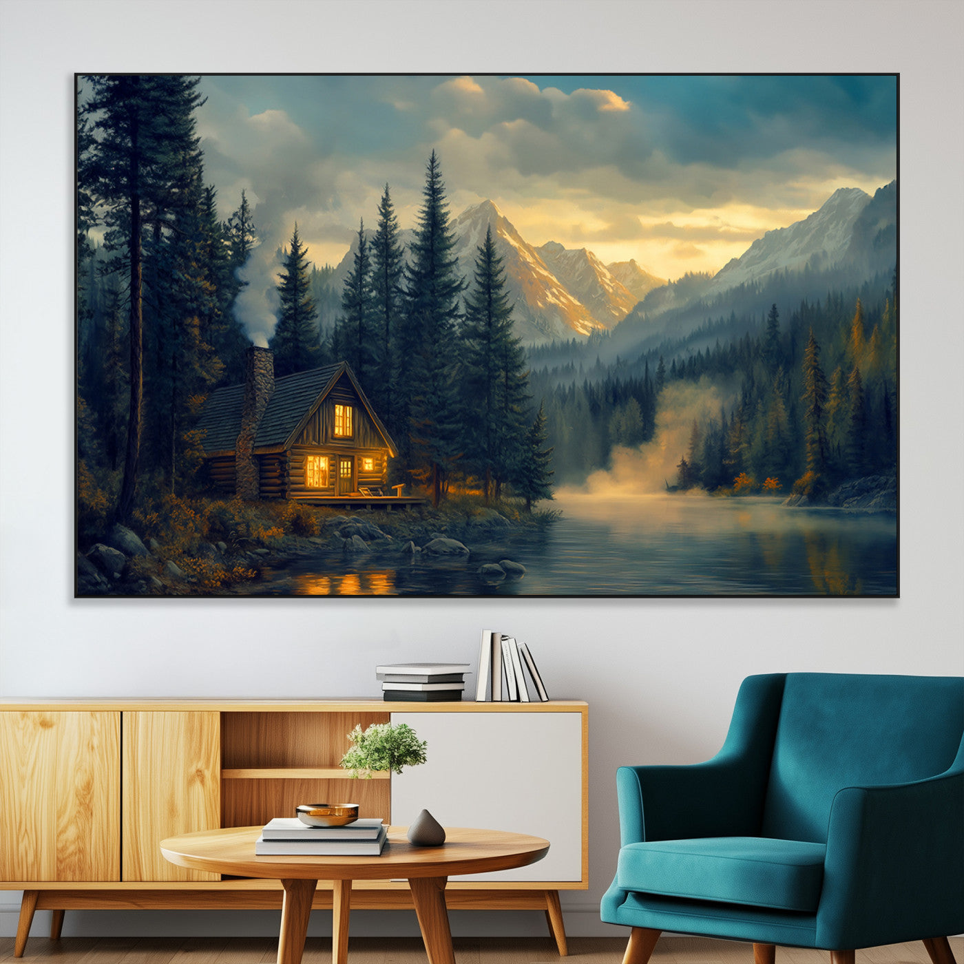 SEG-FC-51X34_Oversize - Mountain Cabin by the Lake at Sunset Wall Art - Serene Nature Canvas Print for Living Room Decor,