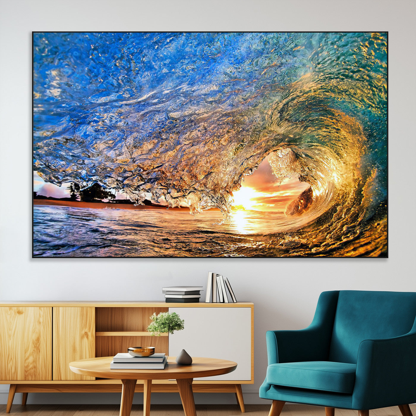 SEG-FC-51X34_Oversize - Ocean Wave at Sunset Canvas Wall Art – Vibrant Coastal Beach Waves Print, Large Nautical Decor,