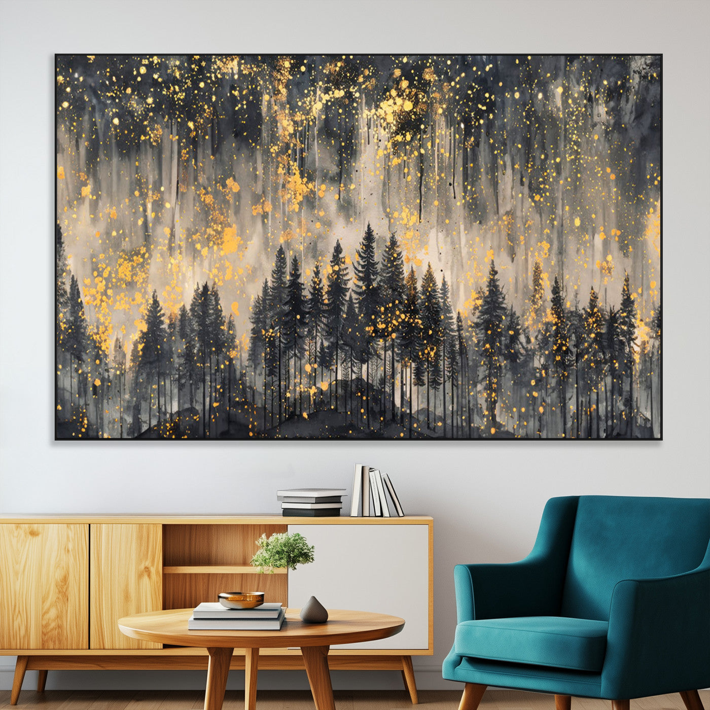 SEG-FC-51X34_Oversize - Golden Forest Abstract Wall Art | Dark Forest with Gold Splatter Accents | Triptych Ready to Hang