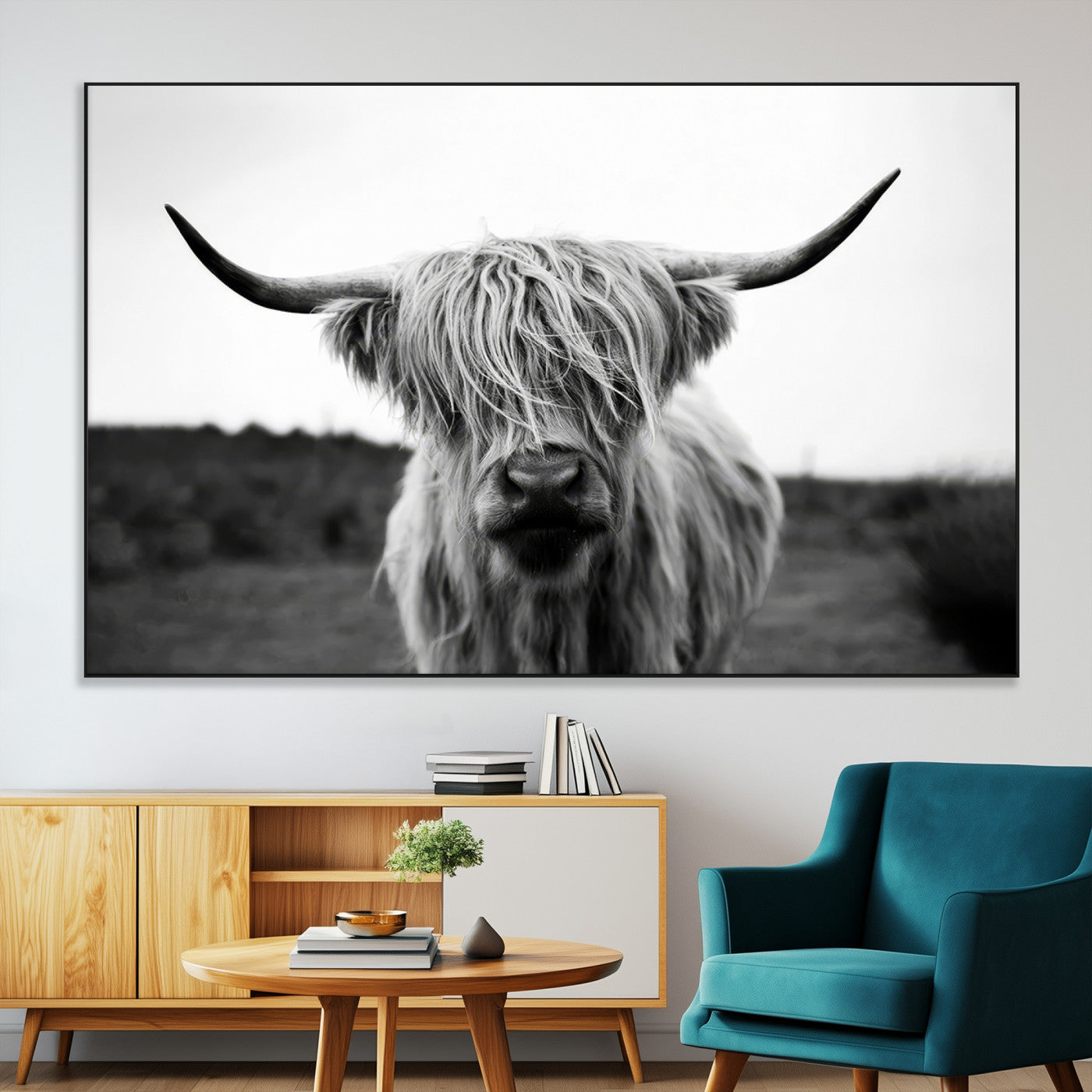 SEG-FC-51X34_Oversize - Highland Cow Wall Art | Black and White Farmhouse Decor | Triptych Canvas Print | Rustic Barn Decor