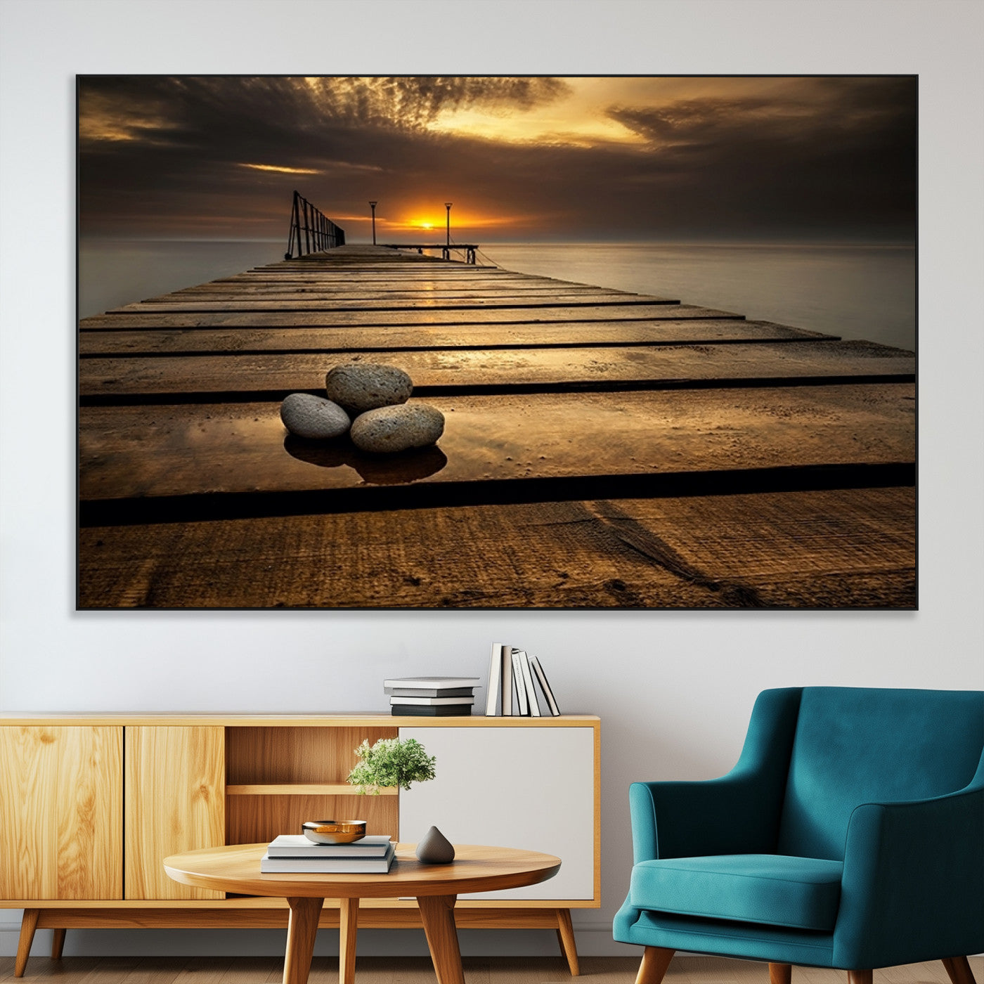 SEG-FC-51X34_Oversize - Stones on Wooden Pier at Sunset Canvas Print, Serene Coastal Wall Art, Beach Sunset Photography,