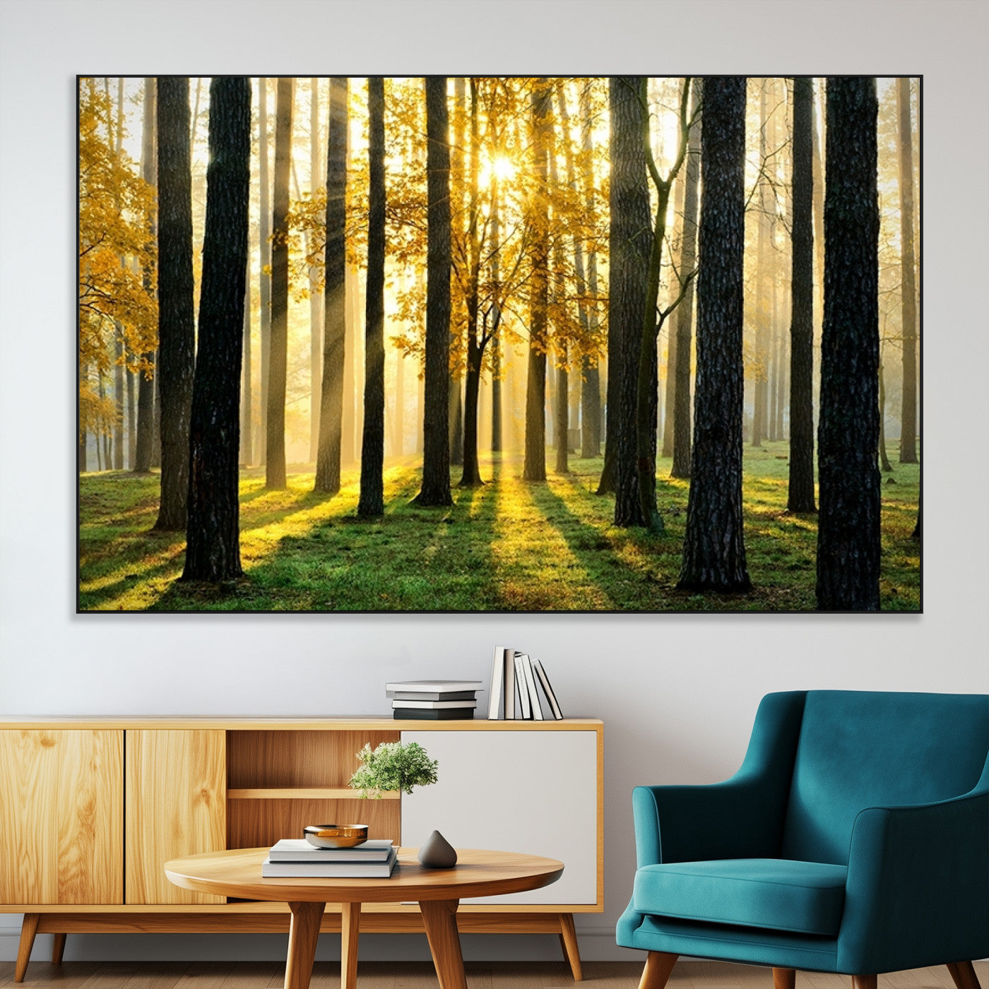 SEG-FC-51X34_Oversize - Sunlit Forest Canvas Wall Art – Serene Woodland Triptych Landscape Print – Nature-Inspired Decor for