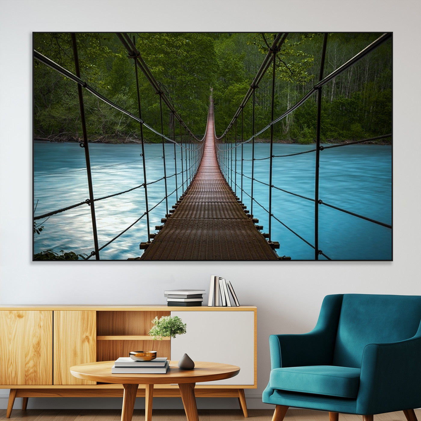 -Suspension Bridge Over River Canvas Art | 3-Panel Nature Photography | Scenic Wall Art for Living