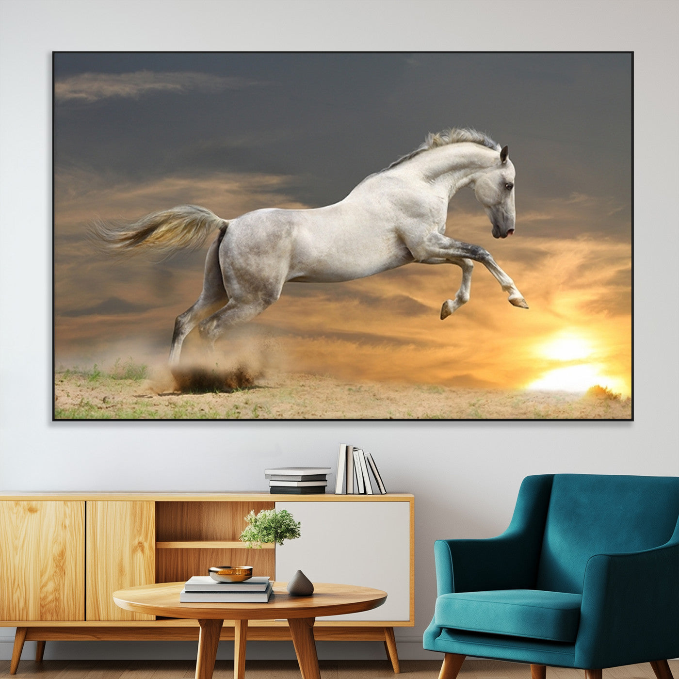 SEG-FC-51X34_Oversize - Large Wall Art Animal Canvas Print - White Jumping Horse at Sunset