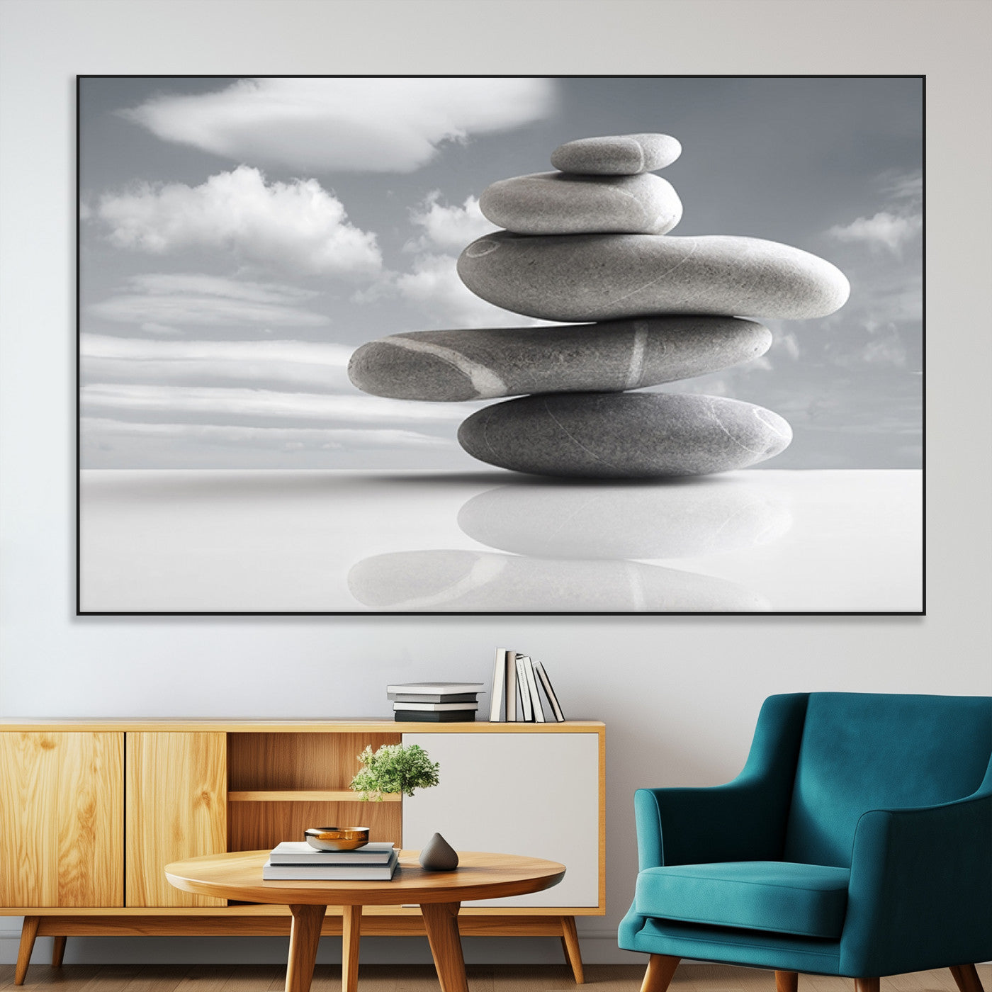 SEG-FC-51X34_Oversize - Still Life Black and White Zen Stones Wall Art Canvas, Framed Black and White Zen Stones Canvas