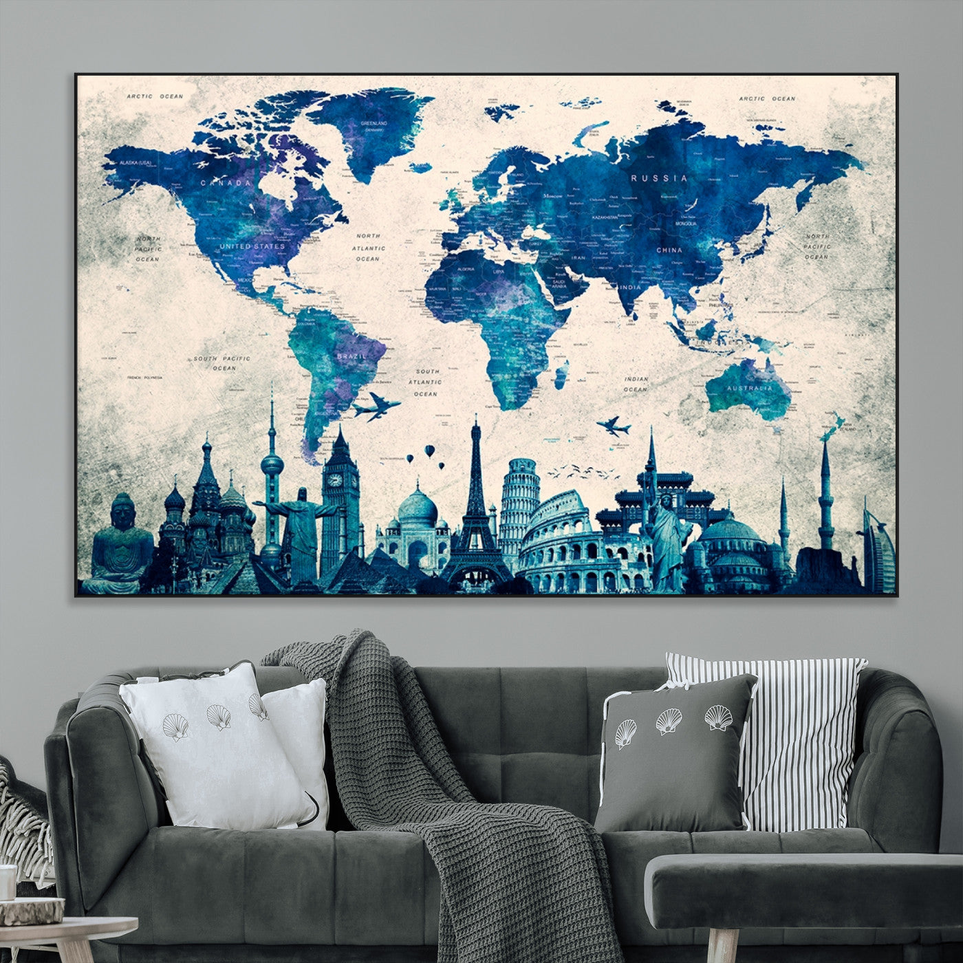 SEG-FC-51X34_Oversize - Navy Blue World Map Canvas Print, Wonder of World Map Push Pin Canvas Print