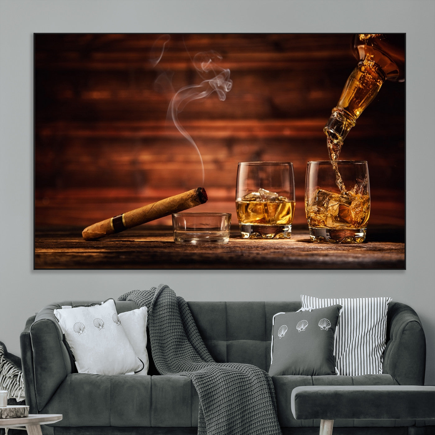 SEG-FC-51X34_Oversize - Whiskey and Cigar Wall Art Canvas | 3 Panel Bar Room Decor for Home Lounge, Office, or Man Cave |