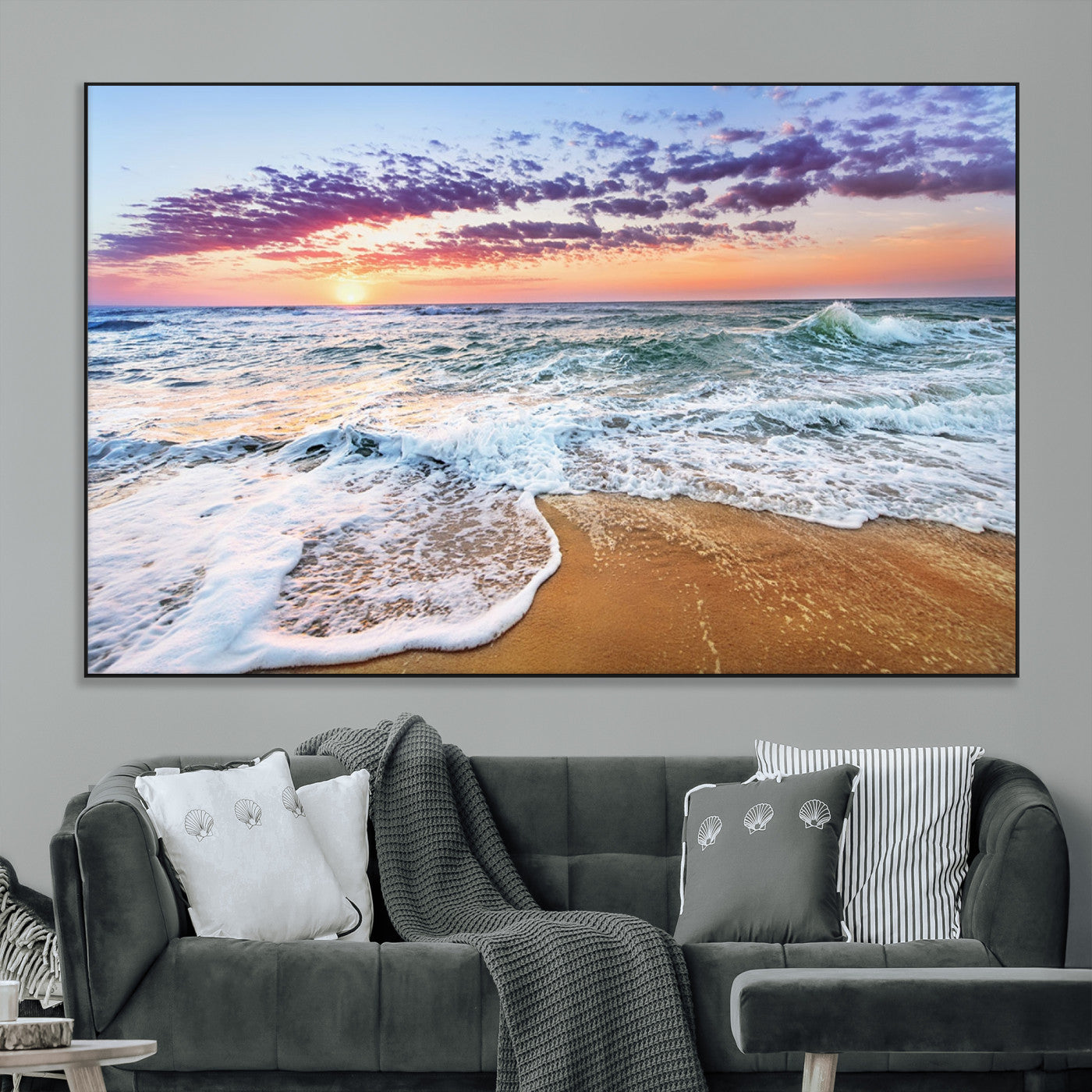 SEG-FC-51X34_Oversize - Coastal Sunset Art Beach Canvas Wall Art Print | Ocean Waves Wall Art | Large 3-Panel Seascape for