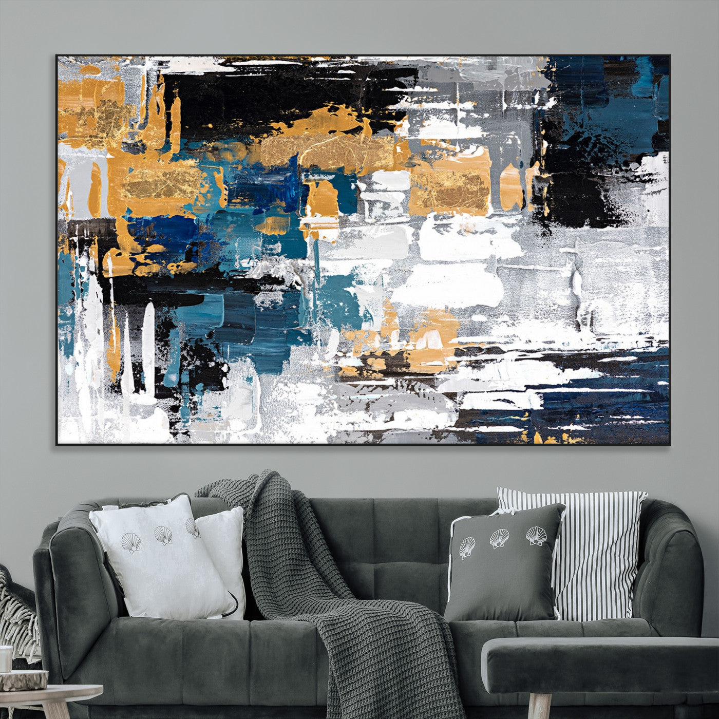 57708-MGV-CV-36X24-Blue and Gold Abstract Canvas Wall Art – Triptych Modern Painting for Living Room – Framed and Ready to Hang