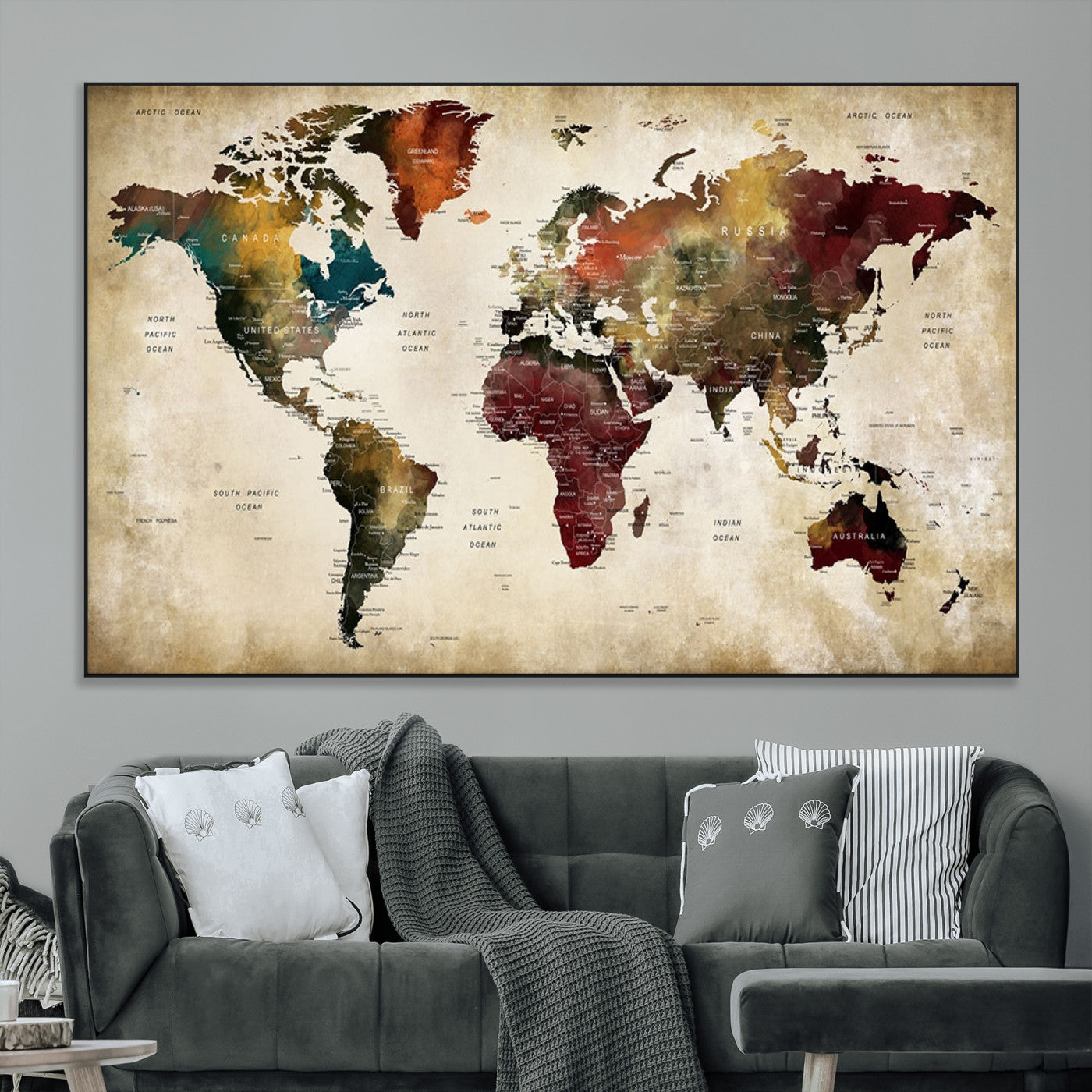 SEG-FC-51X34_Oversize - Large World Map Wall Art Canvas Print, Framed Push Pin Map Art Picture Print, Abstract Traveller Map Perfect Modern Decor Artwork