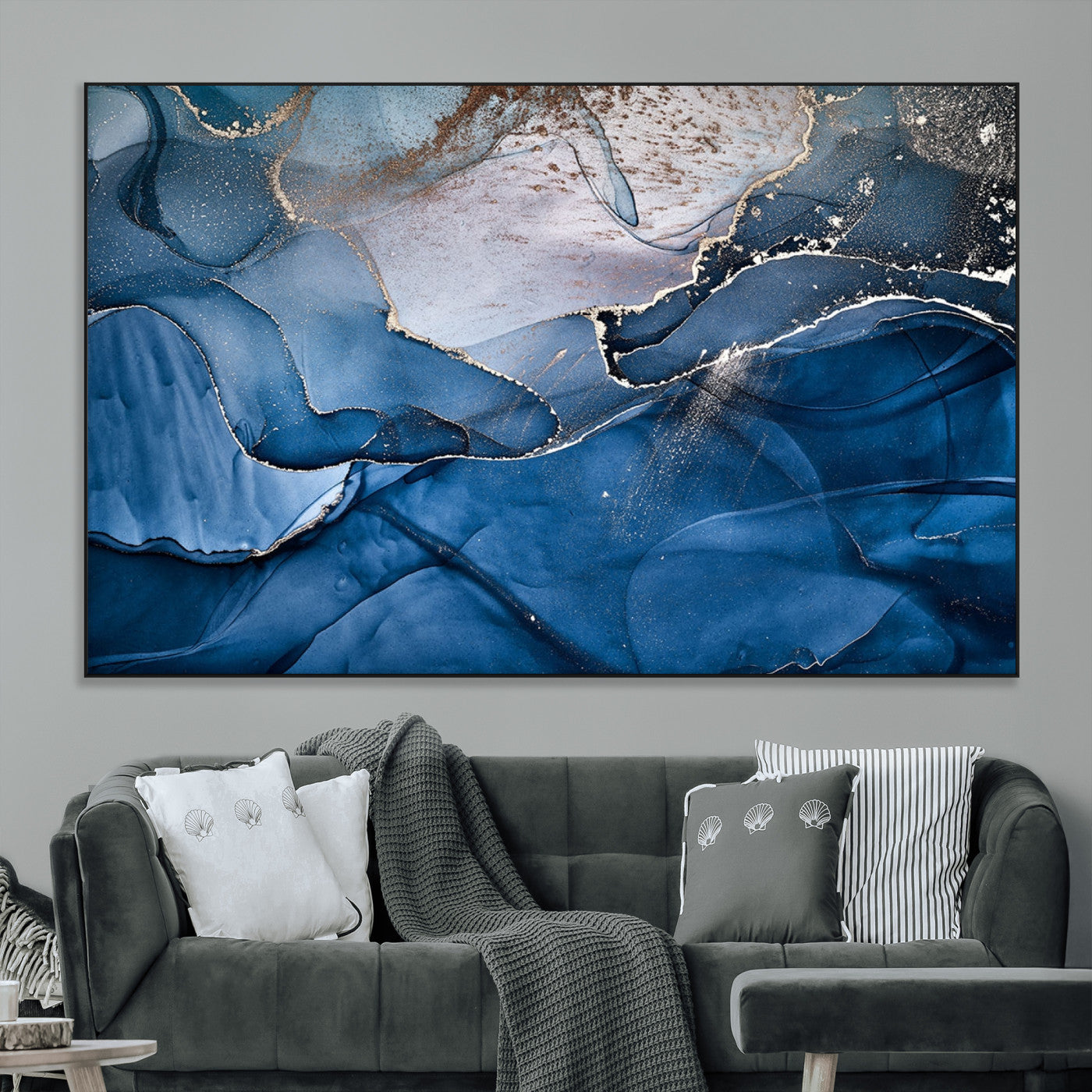 -Navy Blue Canvas Art Abstract Print – Elegant Triptych Modern Art Print – Contemporary Decor for Living Room or Office