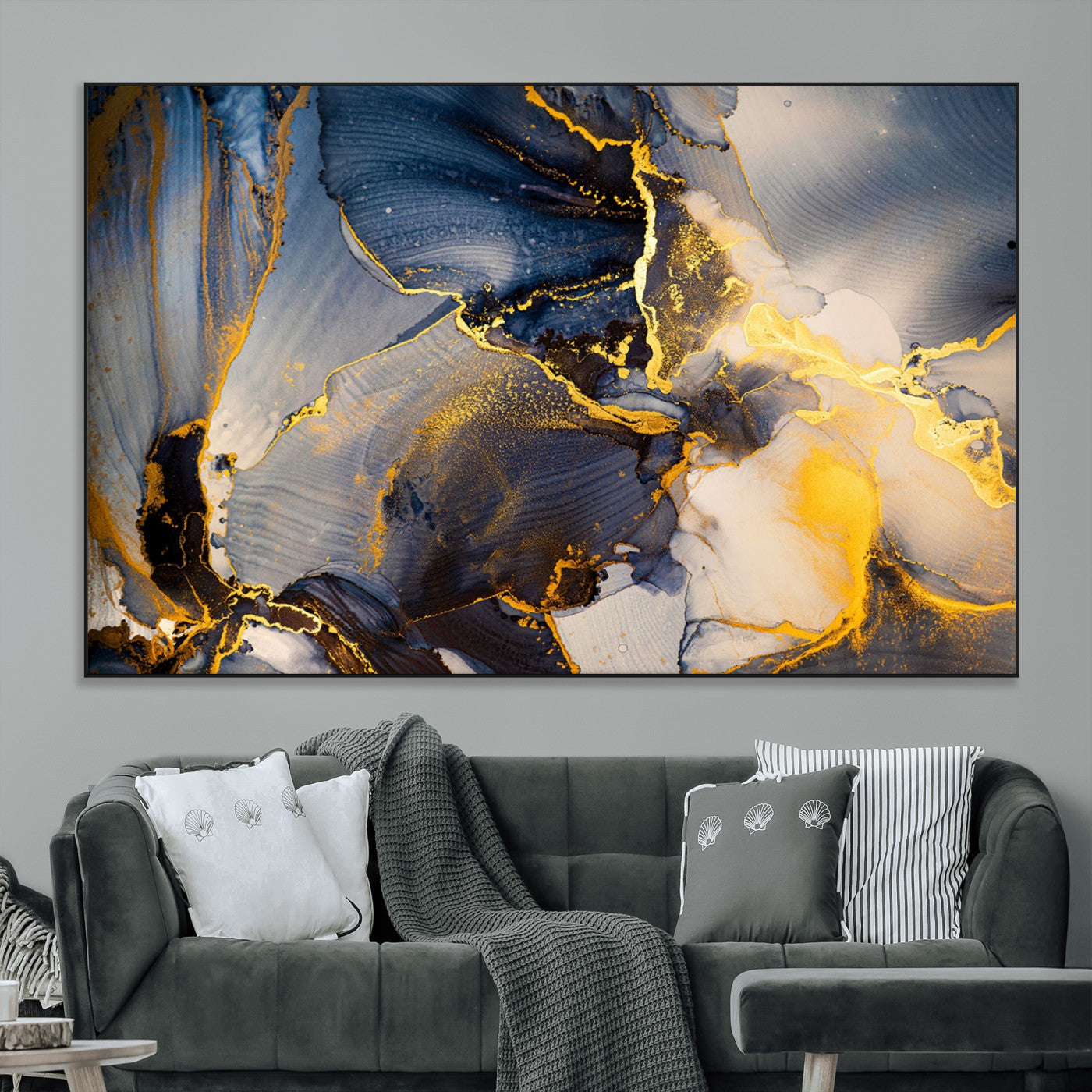 42100-MGV-CV-36X24-Large Abstract Wall Art Print - Gold and Blue Abstract Canvas Wall Art | Fluid Ink Modern Luxury Wall Decor for Living Room Decor