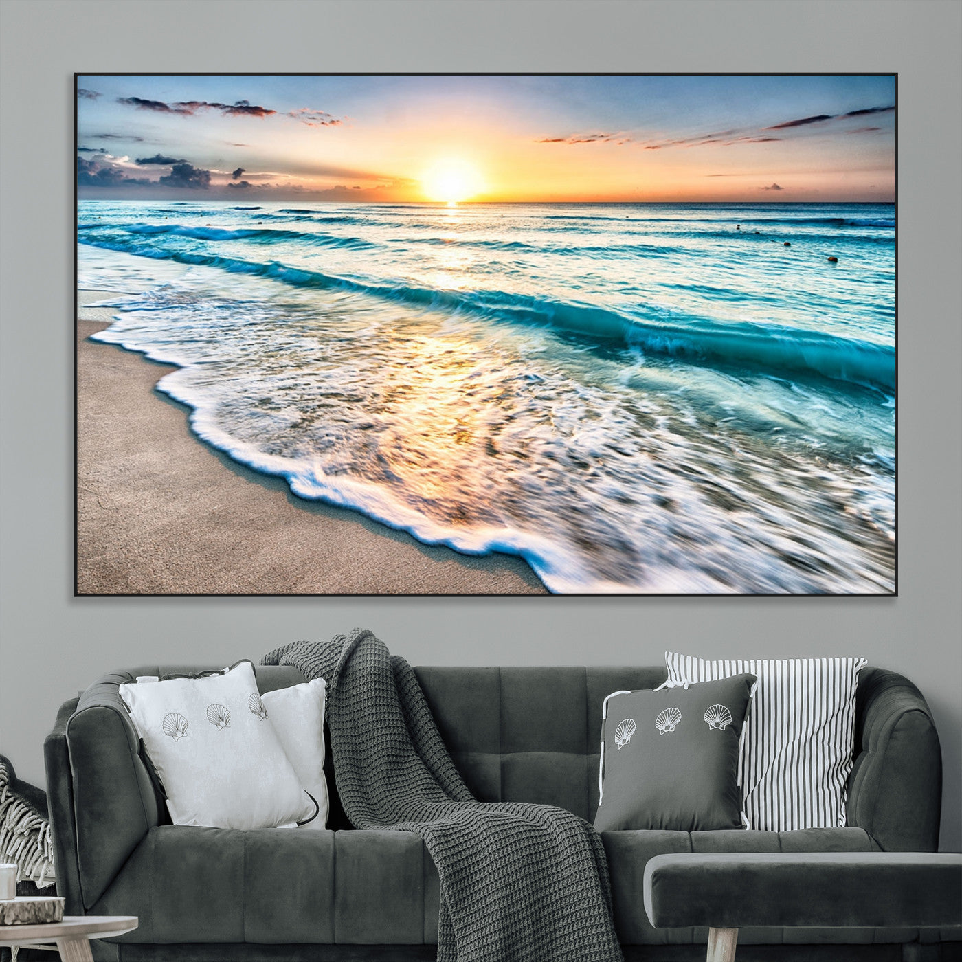 SEG-FC-51X34_Oversize - Sunset Beach Waves Canvas Wall Art – 5-Panel Ocean Sunset Print – Coastal Decor for Living Room or