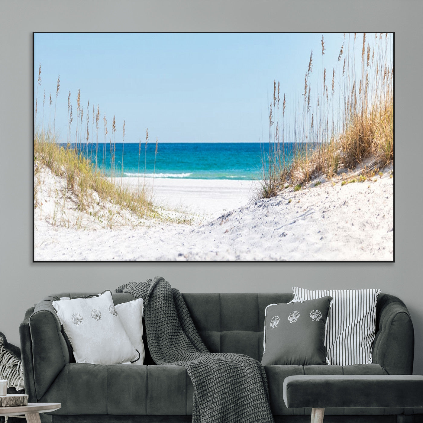 SEG-FC-51X34_Oversize - Serene Coastal Dune Path with Ocean View, 3-Panel Beach Canvas Wall Art, Tranquil Seascape Giclee