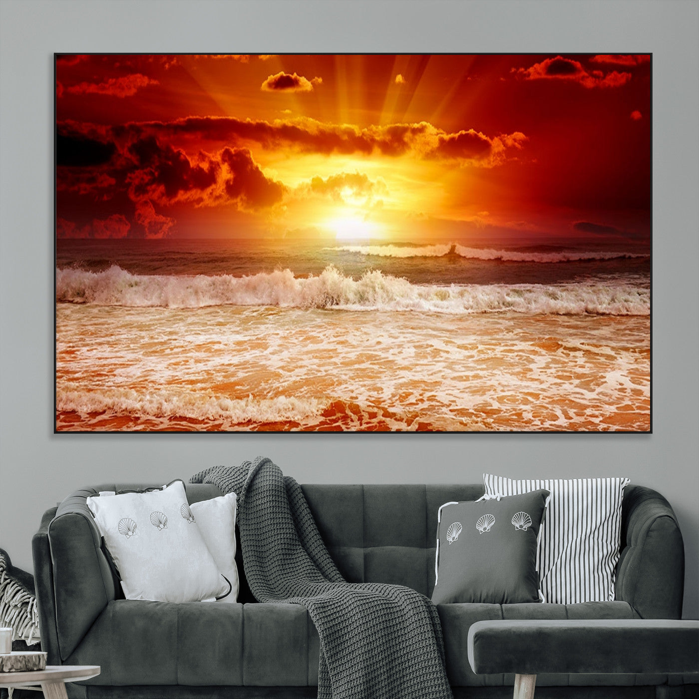 SEG-FC-51X34_Oversize - Red Sunset Ocean Beach Canvas Wall Art Beach Canvas, Coastal Sunset Print