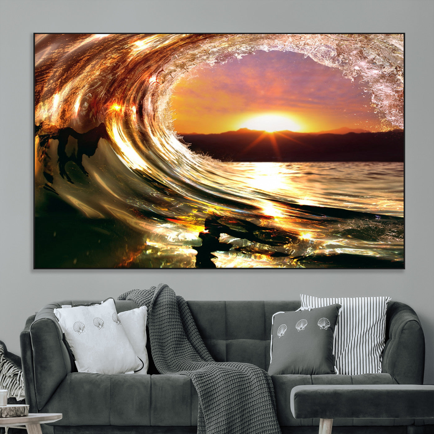 SEG-FC-51X34_Oversize - Golden Wave Sunset Triptych Canvas Art, Giclee Canvas Print of Ocean Wave and Sunset, Framed Ocean
