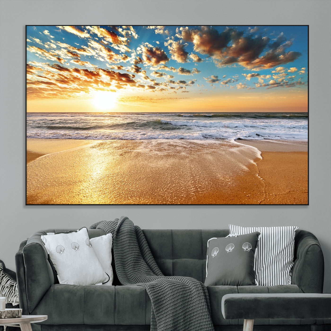 SEG-FC-51X34_Oversize - Golden Sunset Beach Print Canvas Wall Art, Giclee Canvas Print with Canon Print Quality, Triptych