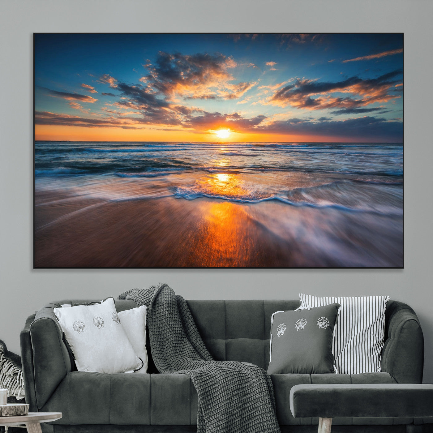 SEG-FC-51X34_Oversize - Sunset on the Ocean Beach with Waves, Reflections on Sand, Coastal Wall Art Print, Beach Wall Art,
