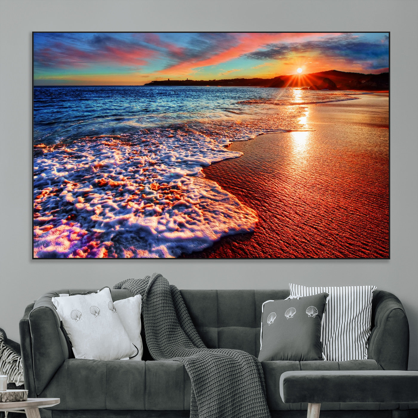 SEG-FC-51X34_Oversize - Colorful Coastal Sunset on the Beach Canvas Print, Ocean Waves Crashing at Dusk, Multi-Panel