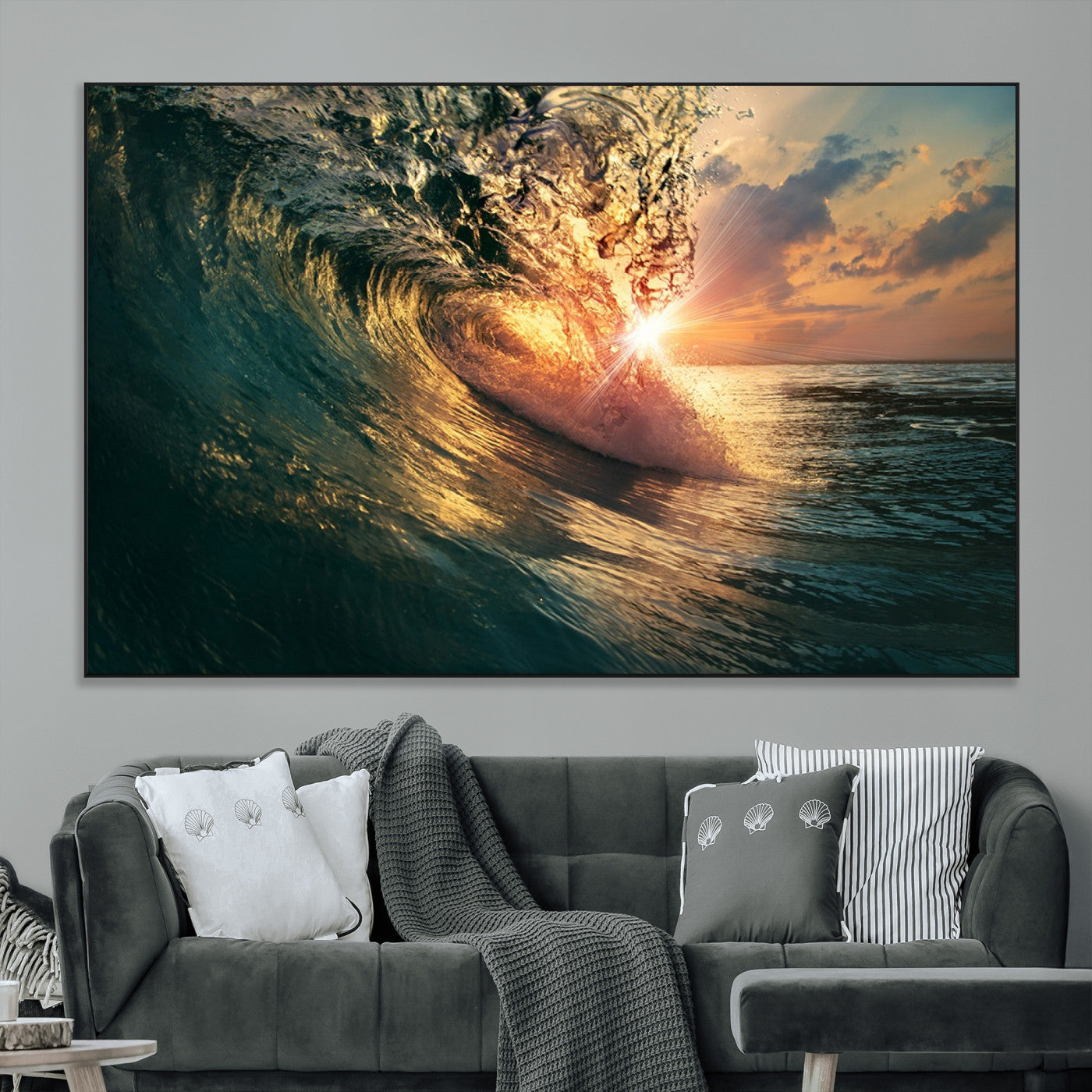 SEG-FC-51X34_Oversize - Ocean Wave Sunset Canvas Wall Art – Triptych Seascape Print – Framed and Ready to Hang for Living