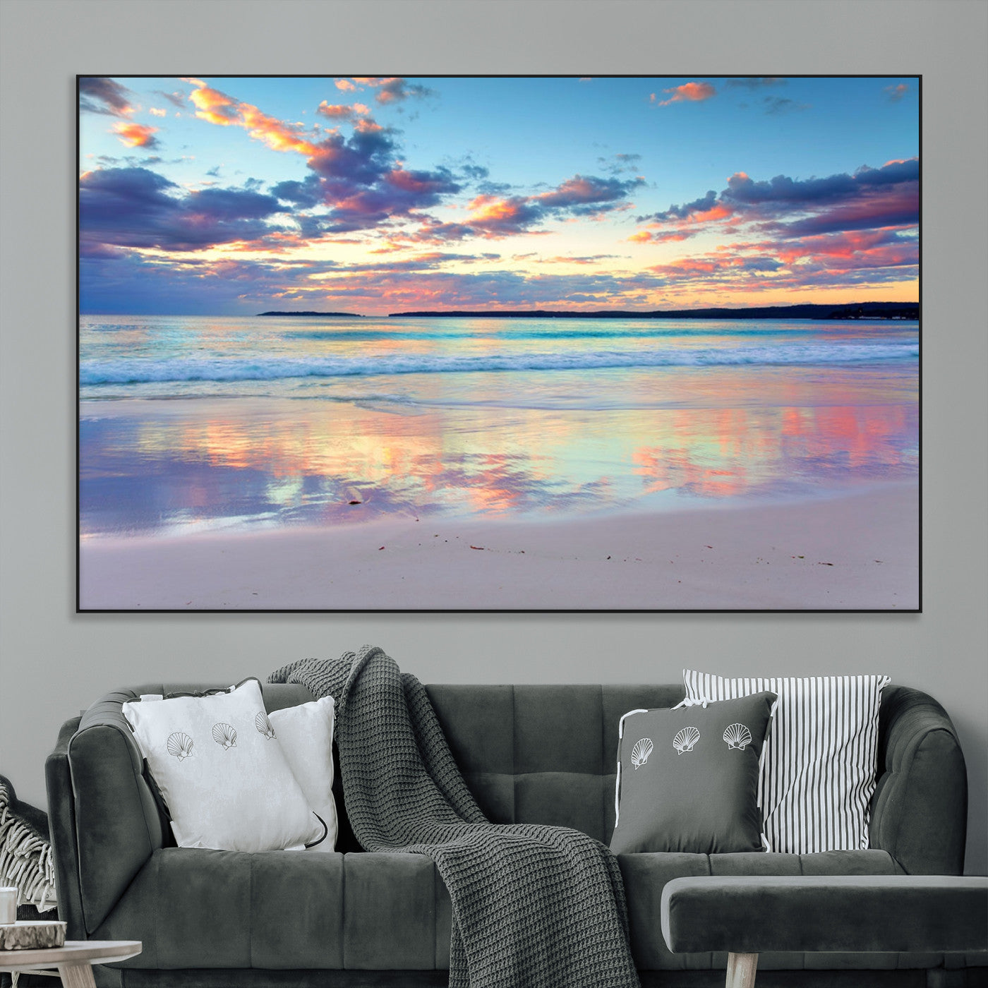 SEG-FC-51X34_Oversize - Tranquil Pastel Sunset Beach Triptych Canvas Art, Soothing Coastal Ocean Shoreline Giclee Print,