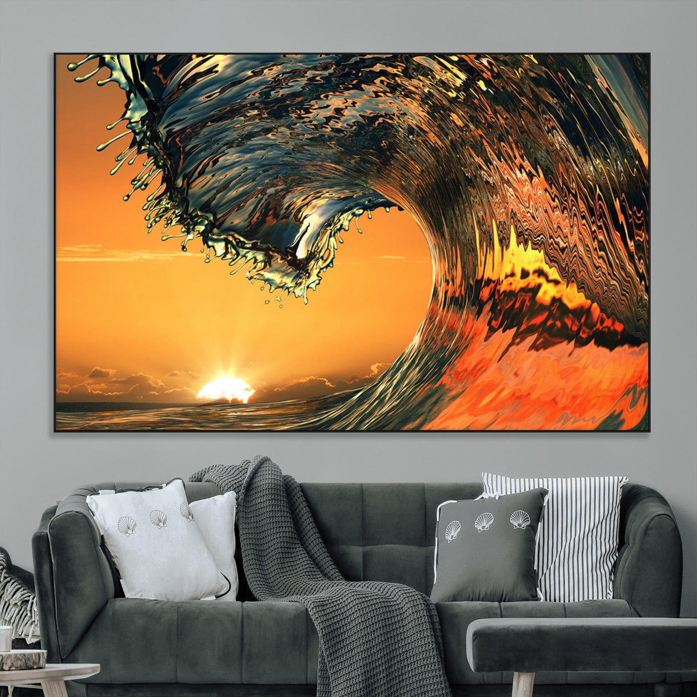 -Surf Wave Sunset Canvas Wall Art Print, 3-Panel Ocean Coastal Wall Art Print, Ocean Decor for