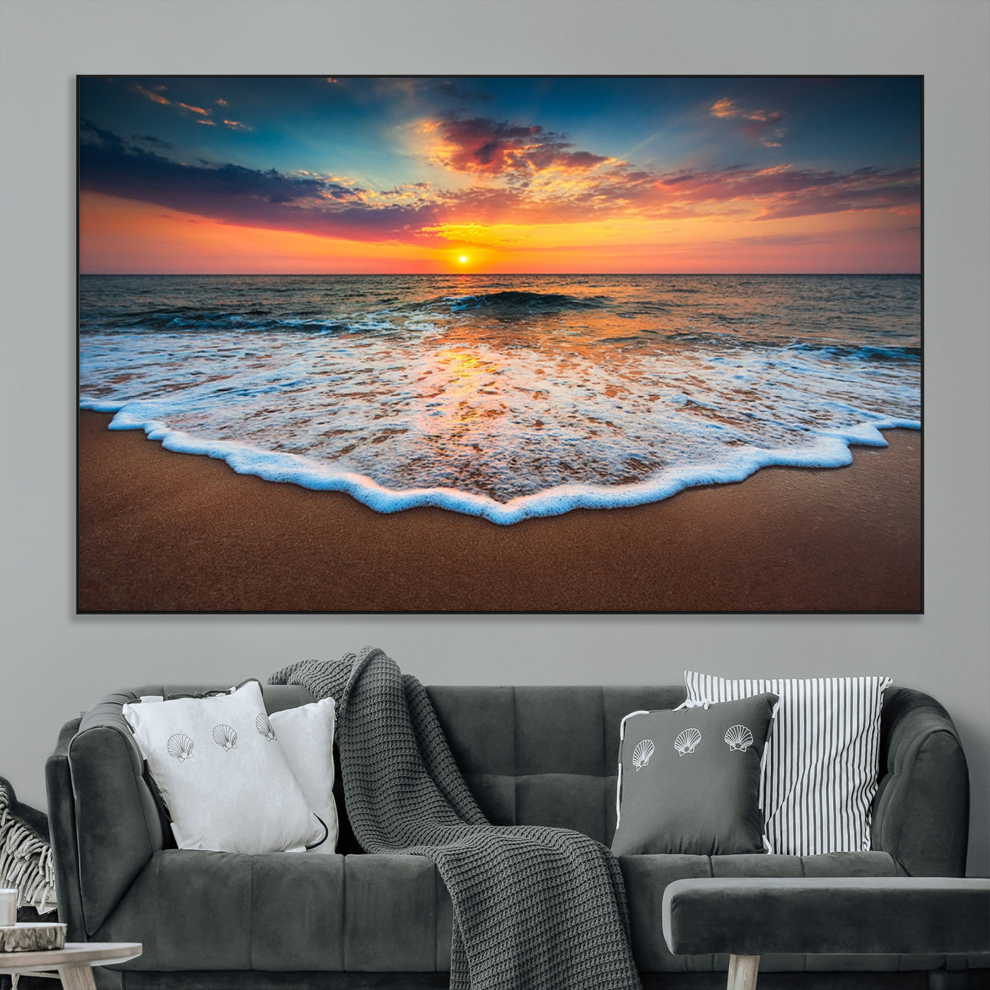 SEG-FC-51X34_Oversize - Sunset Beach Canvas Wall Art – Colorful Ocean Waves Triptych – Coastal Decor for Living Room or