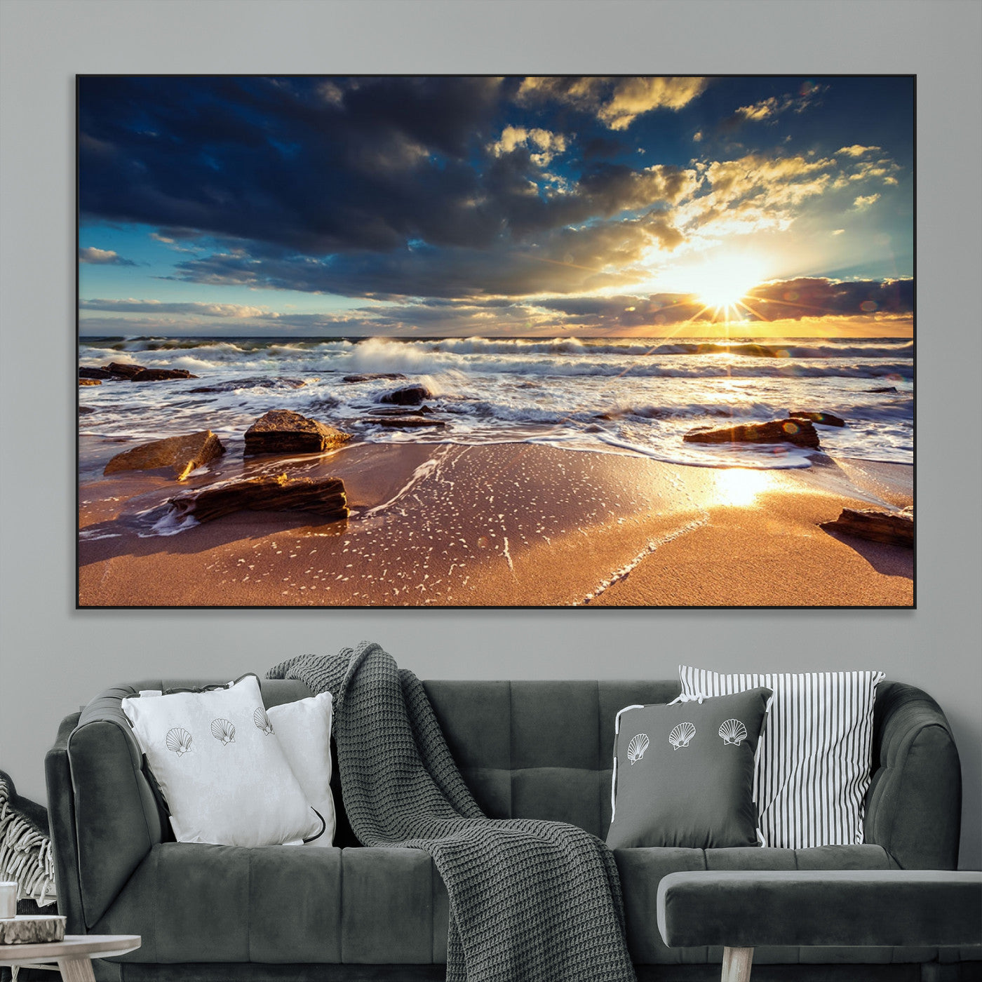 SEG-FC-51X34_Oversize - Golden Hour Beach Sunset Canvas Triptych, Ocean Waves and Rocks Wall Art for Coastal Home Decor