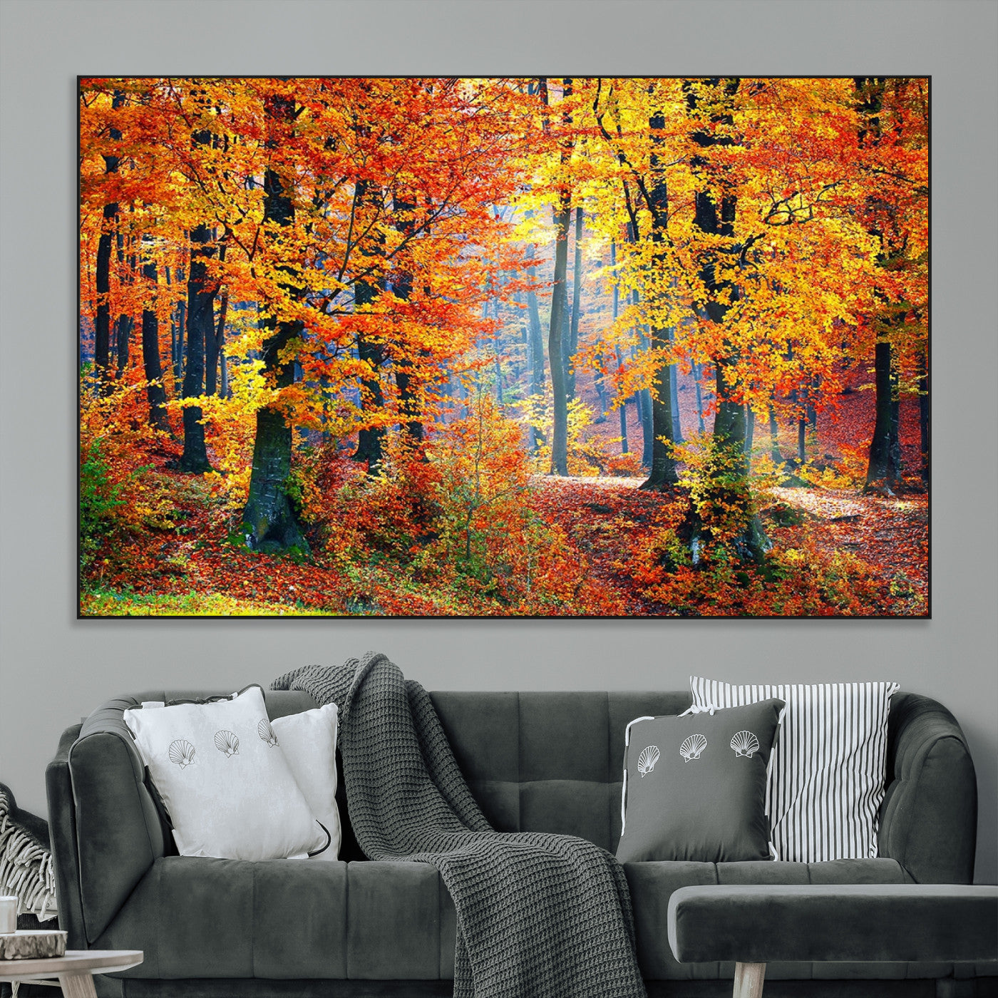 SEG-FC-51X34_Oversize - Autumn Red Forest Triptych Canvas Wall Art Print, Forest Wall Decor, Fall Landscape Art | Season