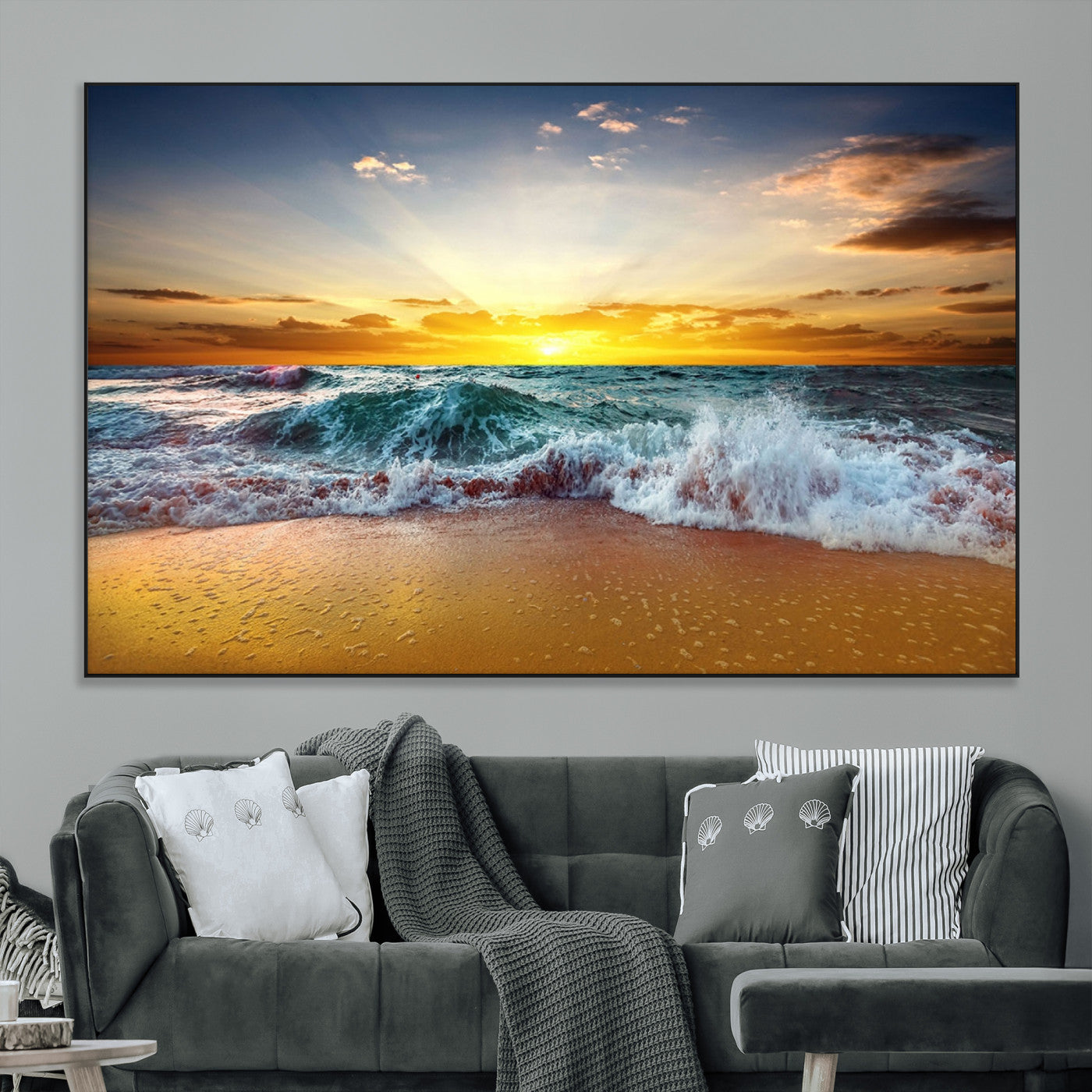 -Golden Sunset Ocean Waves Wall Art Canvas Print – Multi Panel Beach Canvas Print Set – Large Coastal