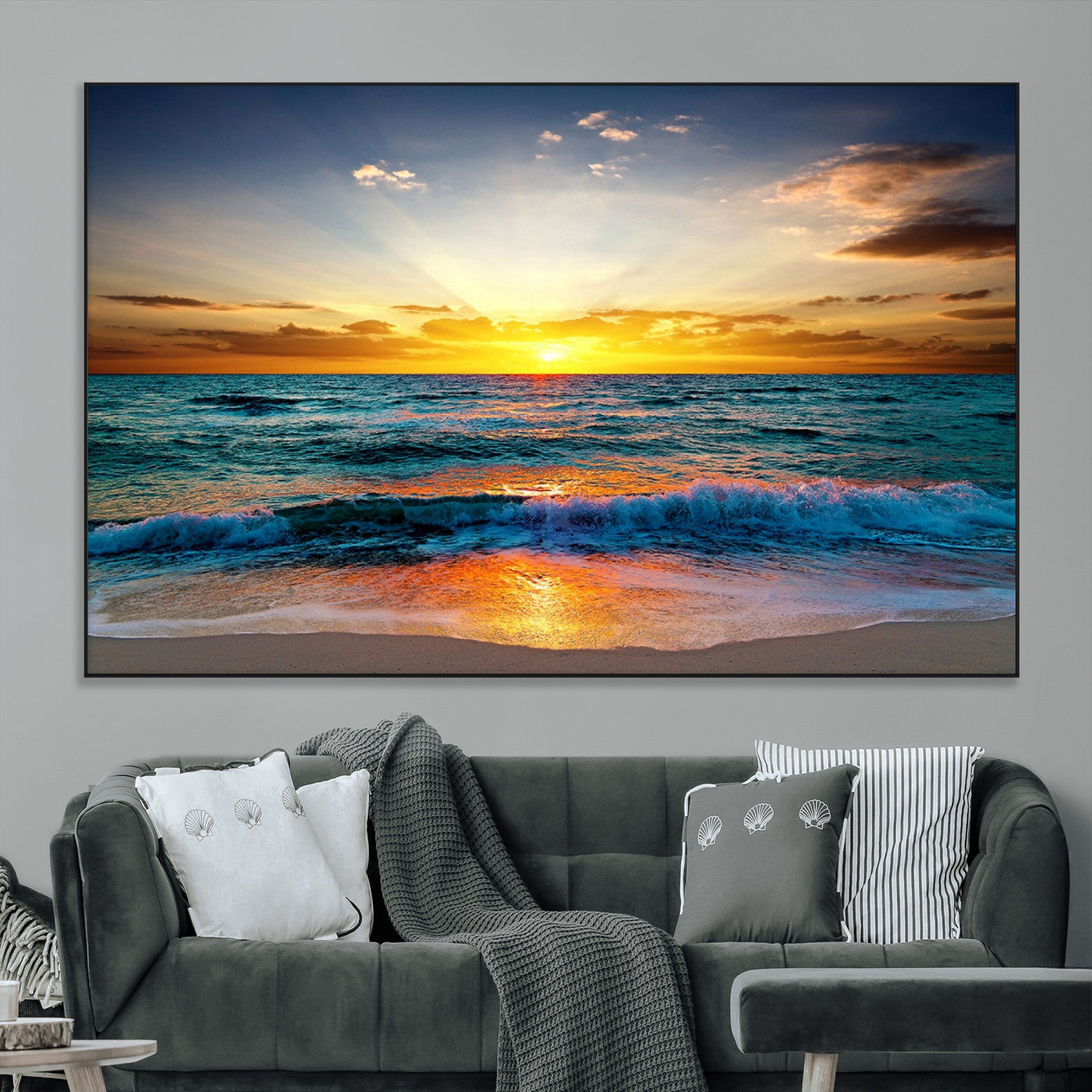 -Vibrant Ocean Sunrise Over Golden Beach Waves, Giclee Canvas Wall Art Set, High-Quality Stretched