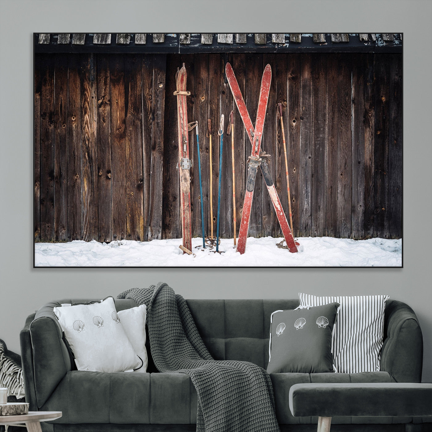 SEG-FC-51X34_Oversize - Vintage Ski Gear Canvas Print, Vintage Ski Gear Against Wooden Cabin Wall, Rustic Winter Sports