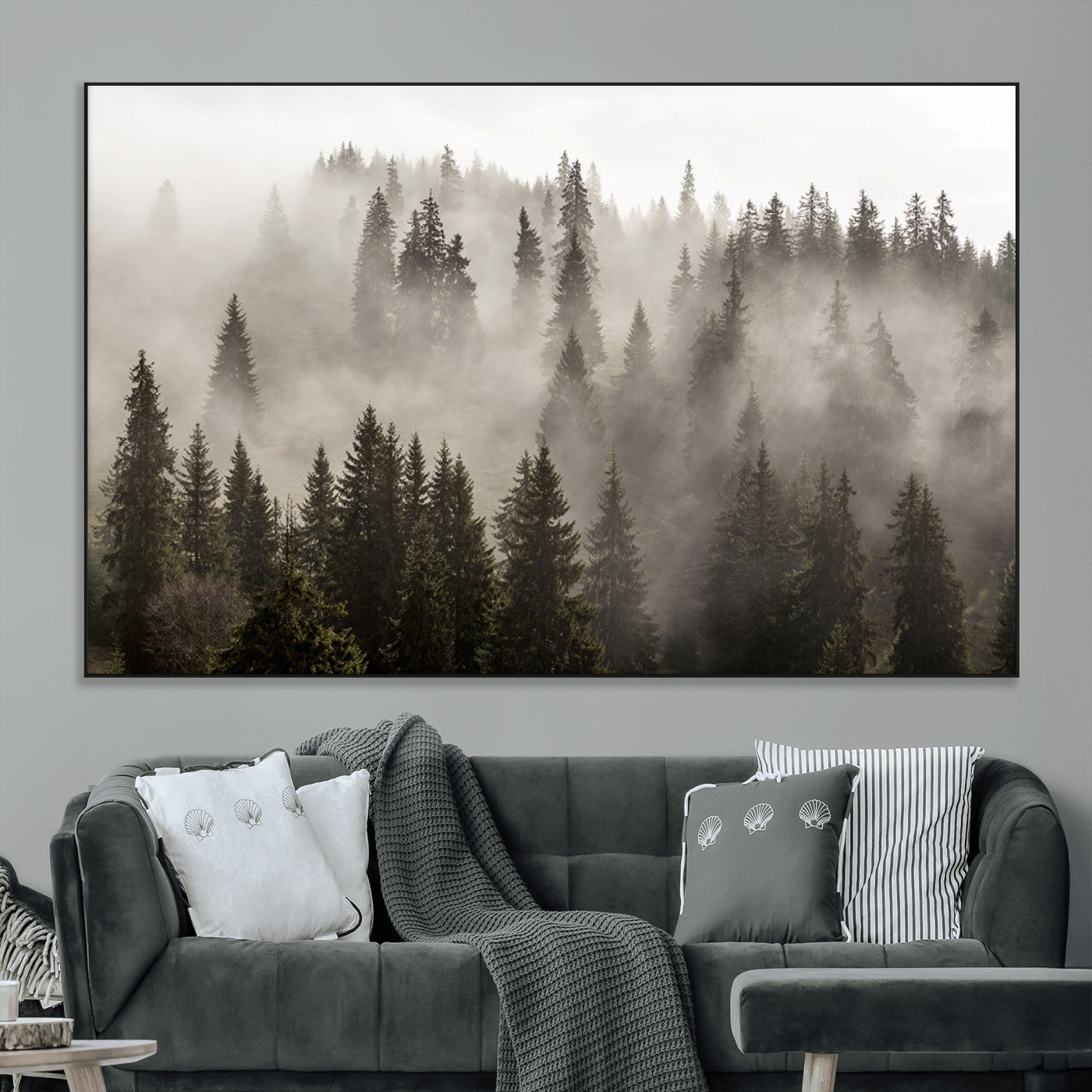 SEG-FC-51X34_Oversize - Foggy Mountain Wall Art | 3-Panel Foggy Forest and Mountain Landscape | Large Giclee Print for