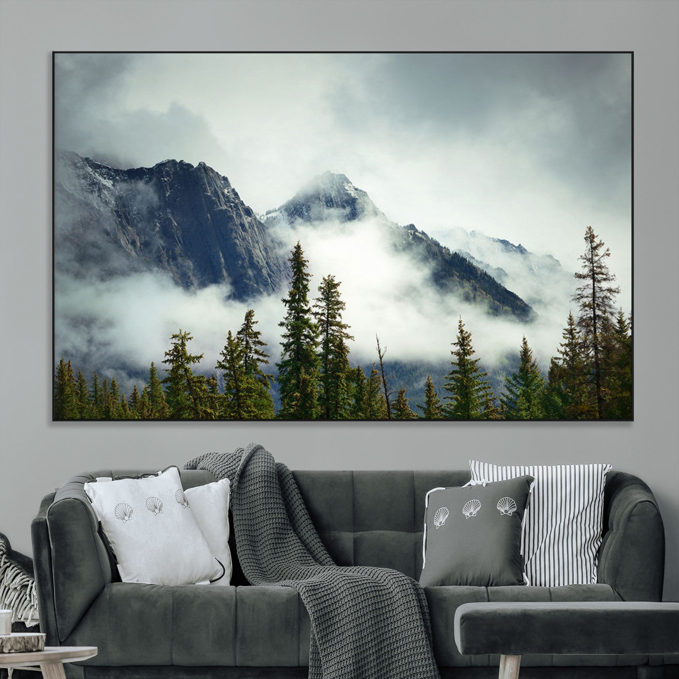 SEG-FC-51X34_Oversize - Mountain Mist Canvas Wall Art Print | 3-Panel Foggy Forest and Mountain Landscape | Large Giclee