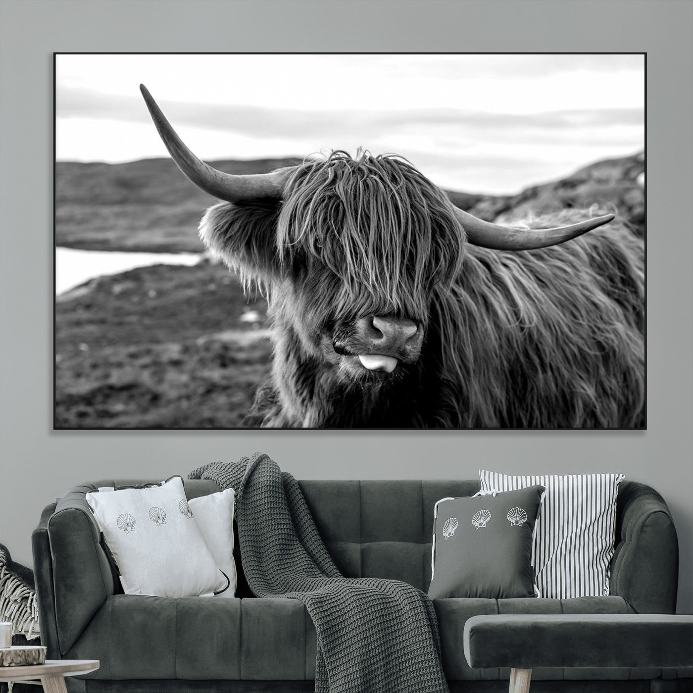 SEG-FC-51X34_Oversize - Longhorn Steer Canvas Print Wall Art, Highland Cow Canvas Wall Art – Black and White Animal Portrait