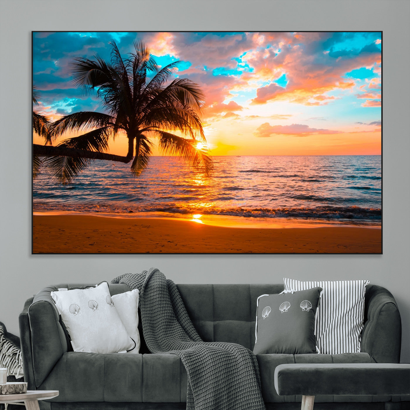 -Palm Tree Sunset On The Beach Wall Art Canvas, Framed Palm Tree Sunset Canvas Print