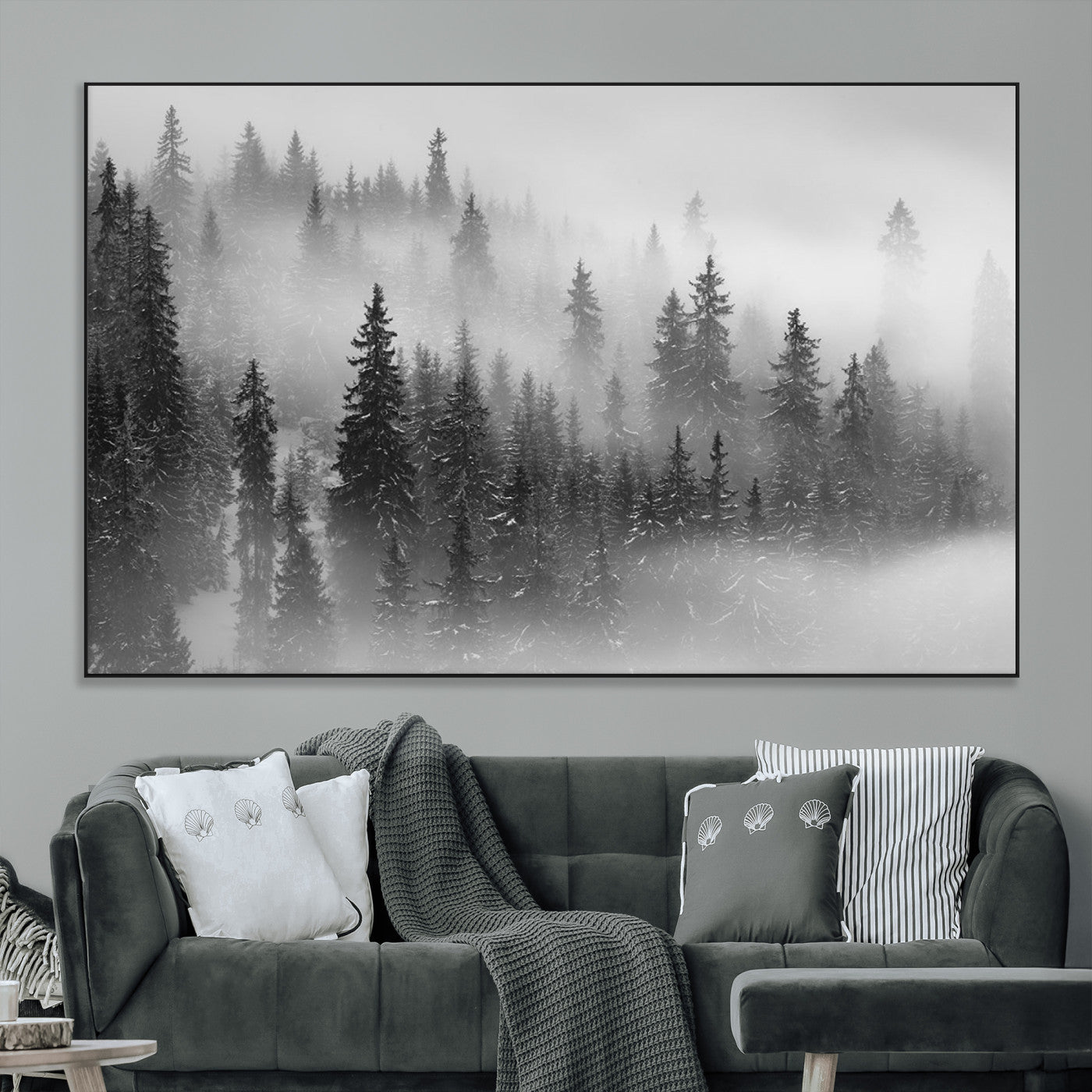 SEG-FC-51X34_Oversize - Black and White Forest Wall Art Print – Misty Pine Tree Canvas Print – Winter Woodland Nature Artwork – Perfect for Minimalist Home Decor