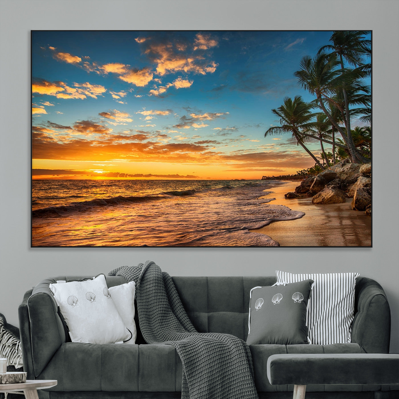 SEG-FC-51X34_Oversize - Tropical Beach Sunset Wall Art Print – Palm Tree Coastal Canvas Print – Ocean Seascape Artwork – Perfect for Tropical Modern Home Decor
