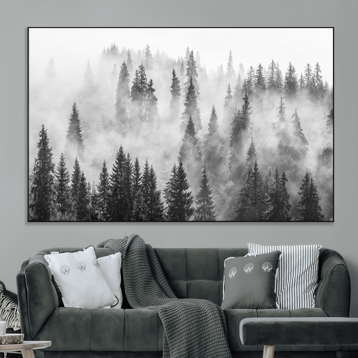 SEG-FC-51X34_Oversize - Forest Wall Art Print | Foggy Pine Forest Canvas Wall Art - Black and White Nature-Inspired Decor for Living Room, Modern Forest Landscape Print, Ready to Hang