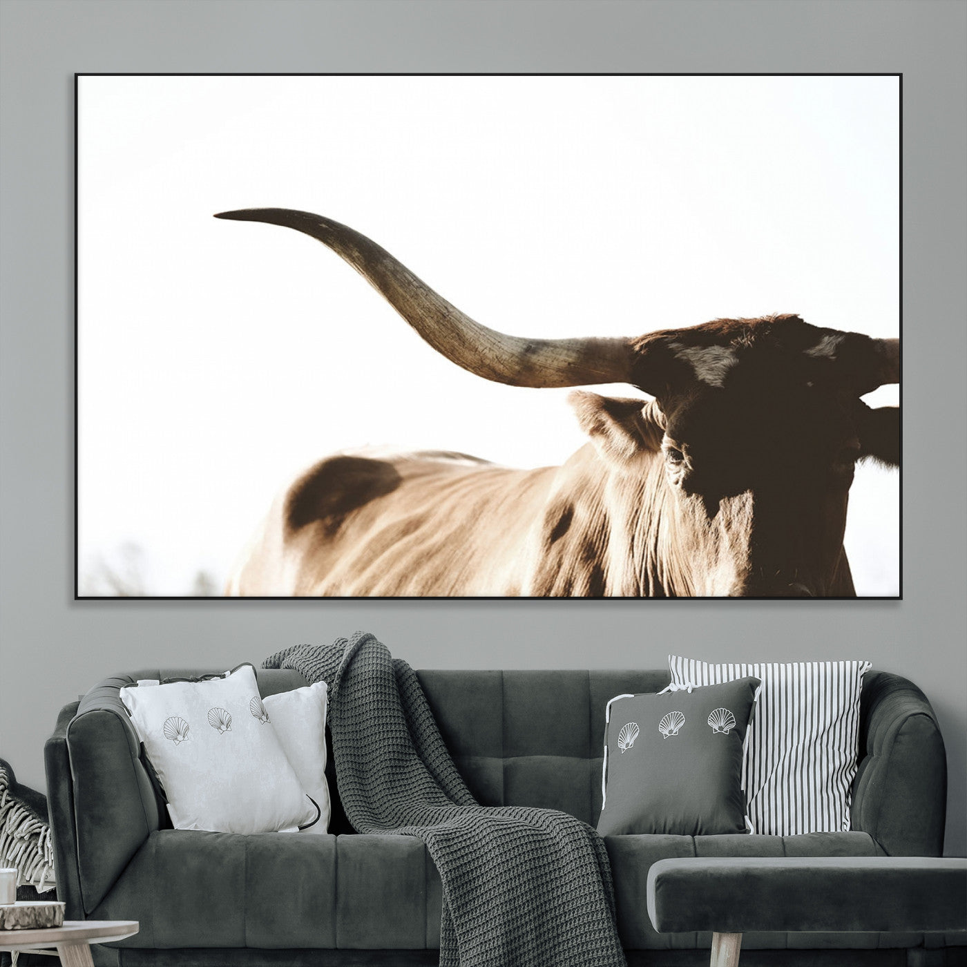 SEG-FC-51X34_Oversize - Texas Longhorn Wall Art Canvas Print | 3-Panel Large Longhorn Canvas Print for Living Room, Framed