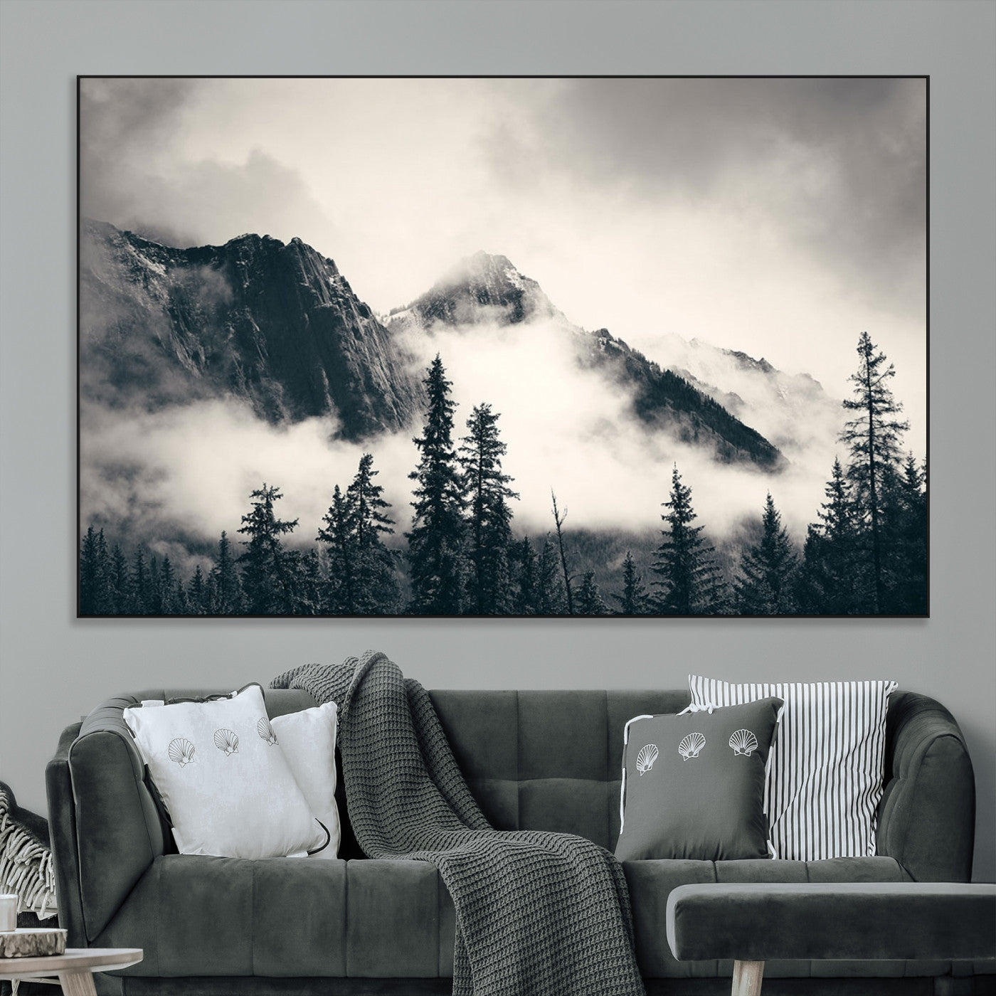 SEG-FC-51X34_Oversize - Forest Mountain Print - Black and White Canvas Wall Art with Misty Forest Design for Elegant and