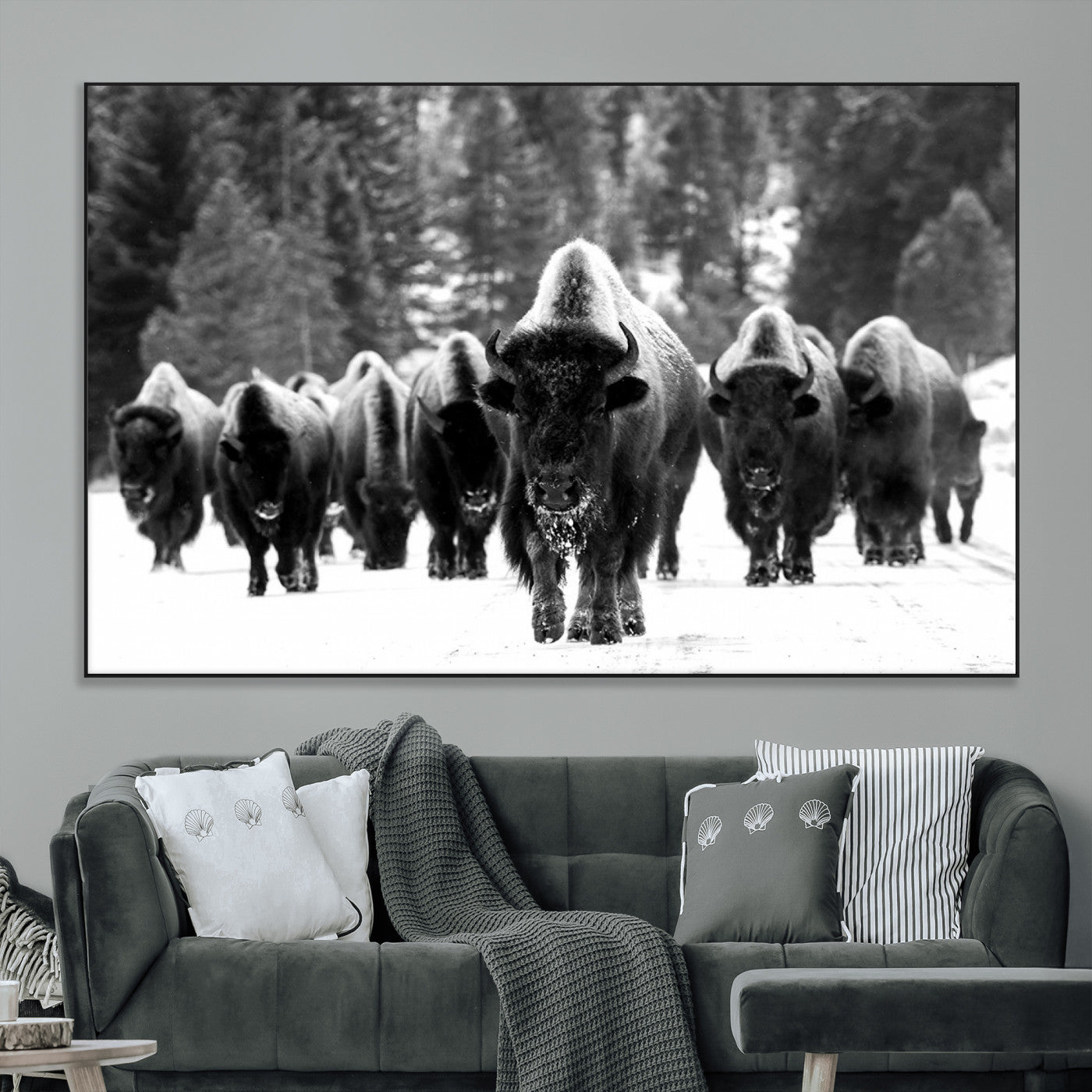 62434-MGV-CV-36X24-Bison Herd in Snow Wall Art Canvas Print | Rustic Western Bison Wall Art for Decor for Living Room,